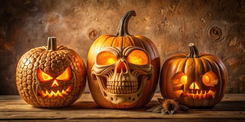 Poster - Three illuminated jack-o'-lanterns with carved faces, showcasing a spooky skull, a menacing grin, and a simple grin, arranged on a rustic wooden surface