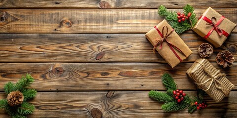 Poster - Rustic Christmas Decor with Pine Cones, Twigs, and Gifts Wrapped in Brown Paper and Red Ribbon on a Wooden Background
