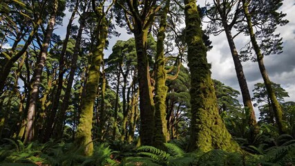 Aufkleber - Exploring a lush forest with towering trees and vibrant foliage in a serene natural setting
