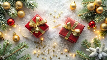 Poster - Festive Christmas Presents Wrapped with Golden Ribbon and Decorated with Baubles and Pine Branches on Snowy Surface with String Lights