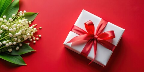 Poster - A Festive Gift Box Adorned with a Bold Red Ribbon and Delicate White Flowers on a Vibrant Red Background