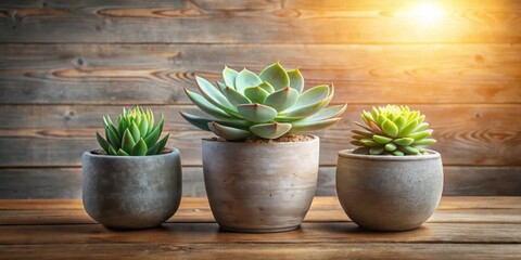 Aufkleber - Succulent Plants in Rustic Grey Pots on a Wooden Table with Sunbeams Streaming Through a Window