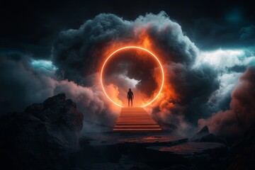 Poster - A surreal image of a person standing on a bridge made of light, stretching into the cosmos, representing creative exploration