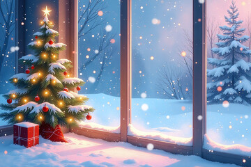 Wall Mural - vibrant watercolor winter scenes depict christmas magic frozen windows digital ai artistry gentle pastel