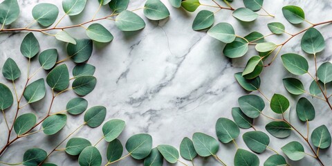 Aufkleber - A vibrant display of eucalyptus leaves arranged in a circular formation against a backdrop of polished marble, showcasing the contrasting beauty of nature and elegance.