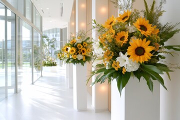 Poster - A vibrant Ikebana design with sunflowers and contrasting greenery, displayed in a minimalist, modern setting