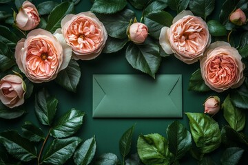 Wall Mural - Beautiful arrangement of peach roses and green envelope on a dark green background for an elegant celebration