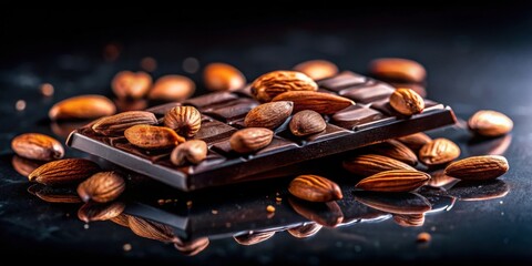 Poster - A close-up shot of a dark chocolate bar with almonds, creating a tempting display of sweet indulgence.