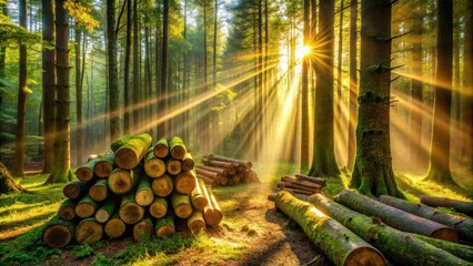 Poster - Sunbeams pierce through the dense forest canopy, illuminating a clearing with a stack of freshly cut logs, casting long shadows on the mossy forest floor.