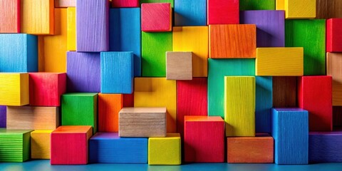 Leinwandbilder - A colorful and playful arrangement of wooden blocks stacked in a random pattern, showcasing vibrant hues and diverse textures.