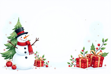 Wall Mural - watercolor christmas design features snowman tree gift boxes floral elements white background holiday winter