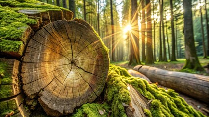 Poster - The Golden Hour Casts a Glow on a Moss-Covered Tree Trunk in a Tranquil Forest Setting