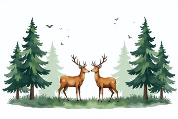  watercolor design features deer family coniferous forest white background suitable various prints home decor
