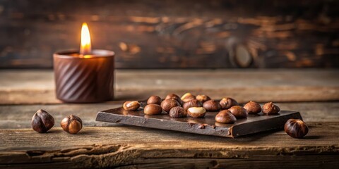 Poster - A rustic wooden table with a candle casting a warm glow on a collection of hazelnuts scattered on a dark wooden tray.