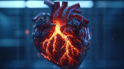 Poster - Glowing Heart Sculpture with Lava Effect in Futuristic Environment