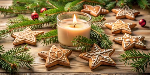 Poster - A Festive Arrangement of Star-Shaped Cookies, a Lit Candle, and Evergreen Branches on a Rustic Wooden Surface