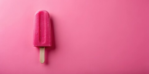 Poster - A single pink popsicle on a pink background, with a wooden stick, ready to be enjoyed on a warm summer day.