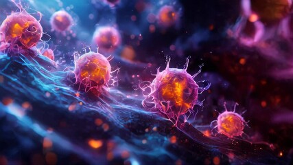 Poster - Microscopic view of vibrant pink and orange biological cells with glowing nuclei, detailed and captivating representation of life at the micro level