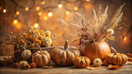 Poster - Autumnal Still Life with Pumpkins and Dried Flowers on a Wooden Table