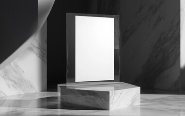 Wall Mural - Blank white poster displayed in a transparent glass frame, positioned on a high-tech, angular pedestal in a minimalist gallery space with polished marble floors