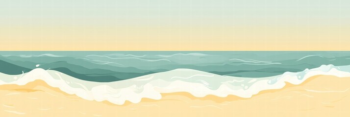 Aufkleber - Soft waves gently lap at the sandy shore on a peaceful beach with a clear horizon and ample space for text. Generative AI
