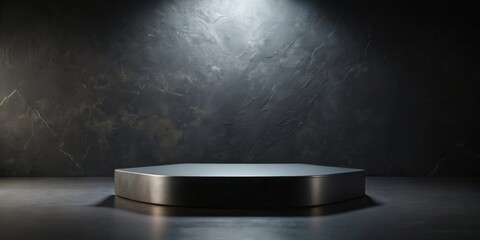 Poster - A Minimalist Black and Gray Studio Scene with a Hexagonal Metal Platform in the Foreground and a Rough Concrete Wall in the Background