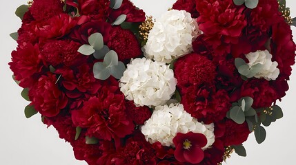 Heart-shaped floral arrangement of red carnations, white hydrangeas, and eucalyptus leaves.