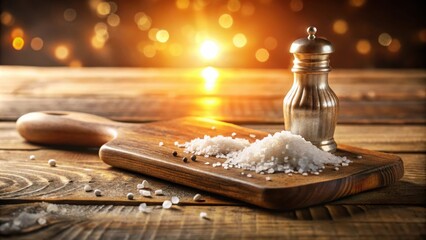 Poster - A Rustic Wooden Cutting Board with a Silver Salt Mill and Scattered Salt Crystals on a Wooden Table with a Warm, Golden Glow