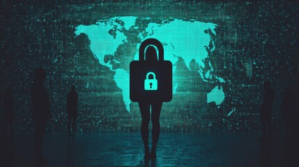 Poster - Digital Security Concept with Lock Symbol and World Map Background