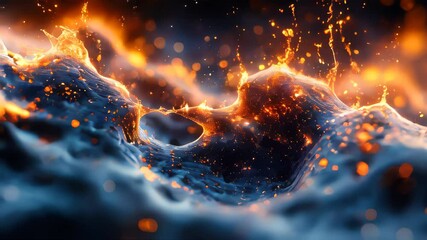 Poster - Splashes of glowing, fiery orange liquid on a dark surface, capturing dynamic energy and fluid motion in a striking abstract scene