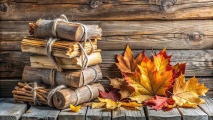 Poster - A stack of rustic wooden logs tied with twine, a symbol of autumn, rests against a backdrop of weathered wood, accompanied by vibrant fallen leaves, capturing the essence of the season.