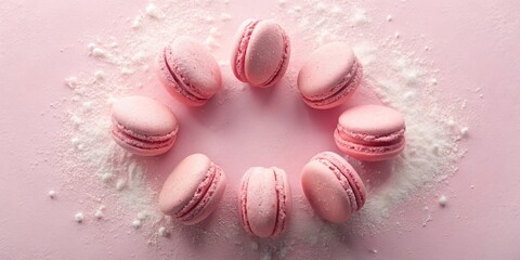 Poster - Pink macarons arranged in a circle on a pink surface with powdered sugar sprinkled around them
