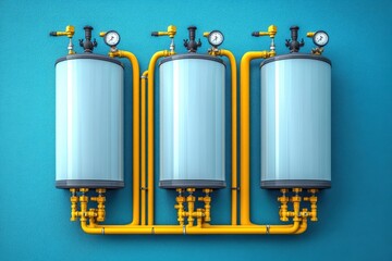 industrial water heaters connected with yellow pipes and gauges