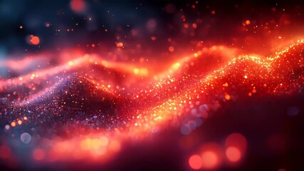 Poster - Abstract, glowing red particles in a dark background, creating a dynamic wave-like pattern with a futuristic vibe
