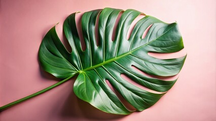 Aufkleber - A single, vibrant green monstera leaf with intricate cutouts against a soft blush pink background.