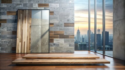 Aufkleber - Modern interior design featuring a wooden platform and a large window with a city skyline view