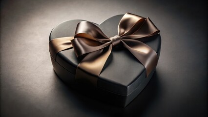 Poster - A heart-shaped gift box, adorned with a luxurious brown satin ribbon, sits against a dark background, promising an exquisite surprise.