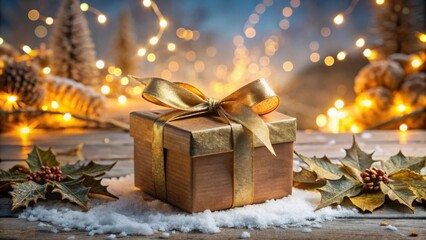 Poster - A beautifully wrapped gift box sits on a rustic wooden surface covered in snow, bathed in the warm glow of festive lights.