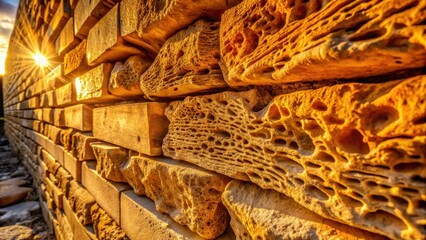 Fototapete - A Golden Wall of Stone, Its Surface Etched with Time's Patterns and the Sun's Warm Embrace