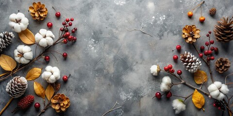 Poster - A Rustic Arrangement of Cotton, Berries, Pinecones, and Autumn Leaves on a Textured Grey Background