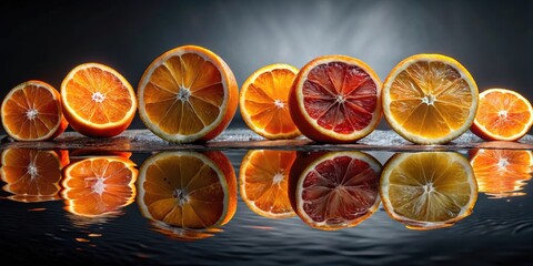 Poster - A row of vibrant orange slices, illuminated by a soft light, reflecting on a dark, still surface, creating an ethereal and captivating scene.