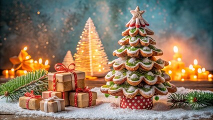 Poster - Gingerbread Christmas Tree Decorated with Green Icing and Sugar Snow Surrounded by Presents and Candlelight