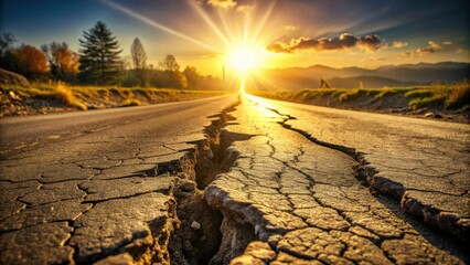 Aufkleber - A crack in the road leading toward a setting sun, a symbol of the challenges and opportunities that life throws our way.