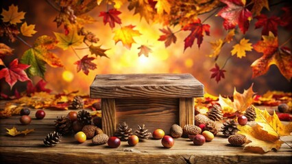 Aufkleber - Rustic Wooden Platform Surrounded by Autumnal Elements and Fallen Leaves in a Warm Golden Glow