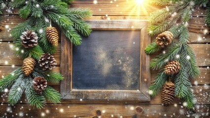 Poster - Rustic Wooden Background with Pine Branches, Pine Cones, and a Vintage Chalkboard for Christmas Decor