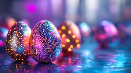 Poster - Futuristic and visually striking Easter eggs with intricate glowing patterns and metallic textures on a vibrant abstract background  This digital or rendering showcases a captivating surreal