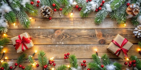 Poster - Rustic Christmas Background with Twinkling Lights, Evergreen Branches, and Wrapped Presents on a Wooden Surface