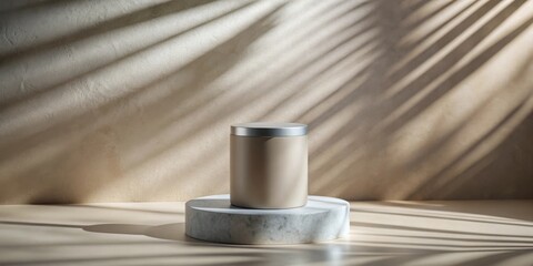 Fototapete - A Cylindrical Container Rests on a Circular Pedestal Against a Wall Bathed in Soft Sunlight