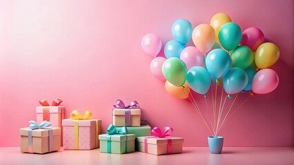 Poster - A cluster of pastel-colored balloons tied together in a pot, floating above a collection of wrapped gifts with colorful ribbons on a pink background.