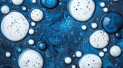 Poster - Abstract design featuring blue and white bubbles on a dark background.